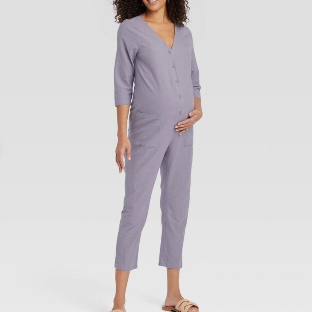 NWT The Nines by HATCH Button-Front Cropped Maternity Jumpsuit Size Large